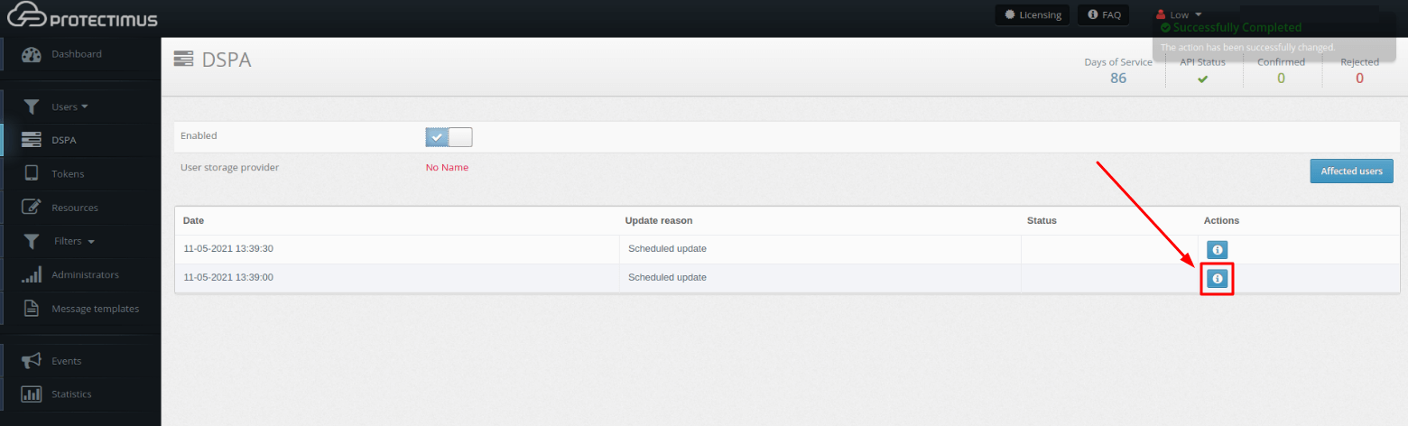 Protectimus DSPA Activation and Deactivation - result of updates