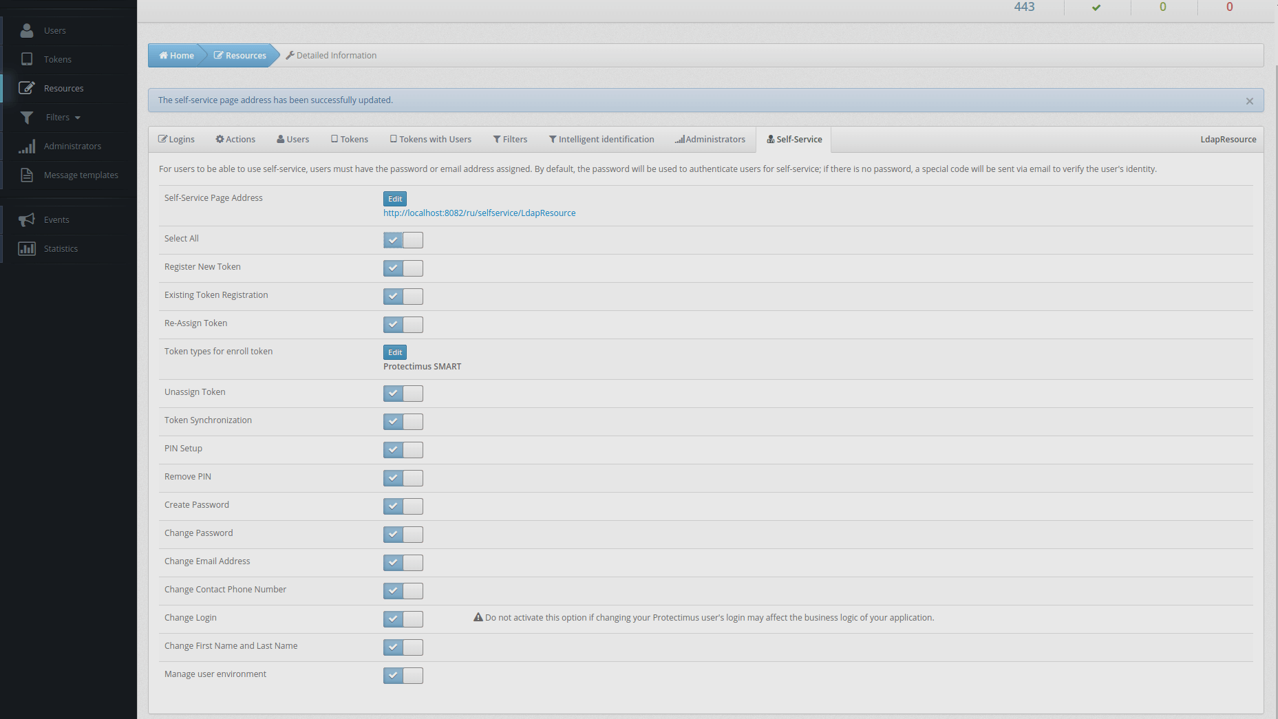 Protectimus DSPA setup - how to activate the Users Self-Service Portal - step 4