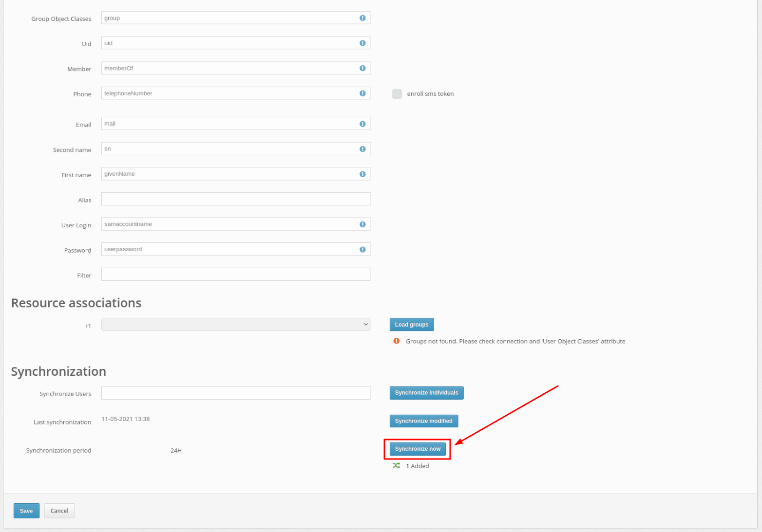 Protectimus DSPA setup - 'Synchronize now' button