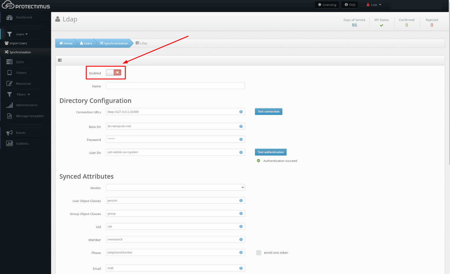 Protectimus DSPA setup - automatic user synchronization