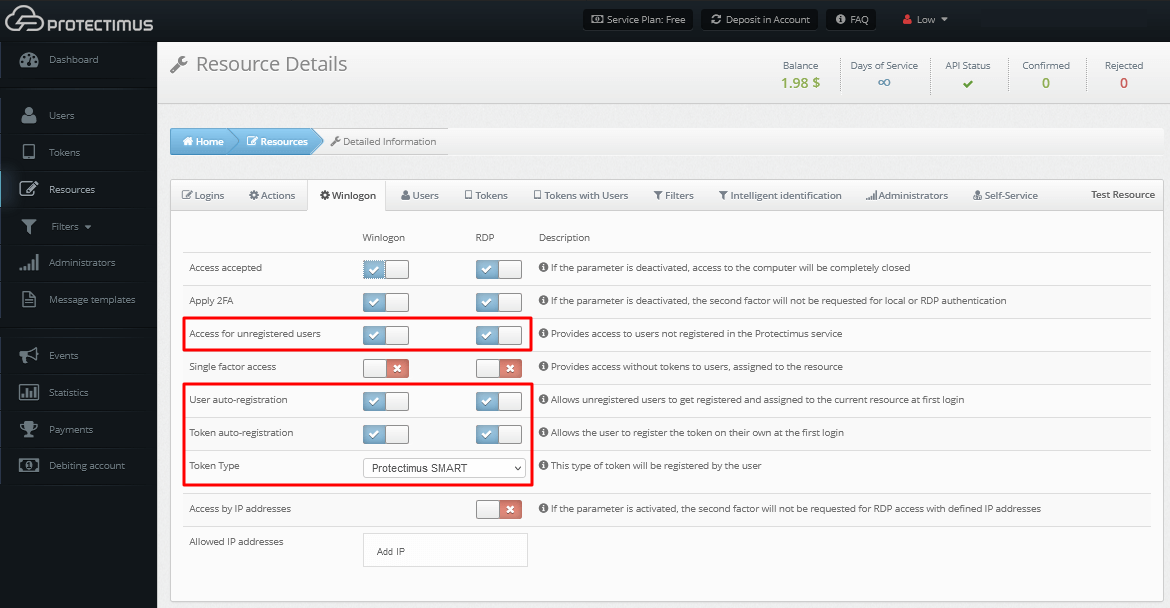 Protectimus Winlogon setup - Winlogon tab settings