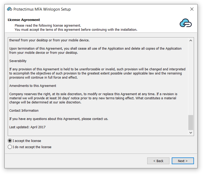 Protectimus Winlogon setup - step 2 (License Agreement)