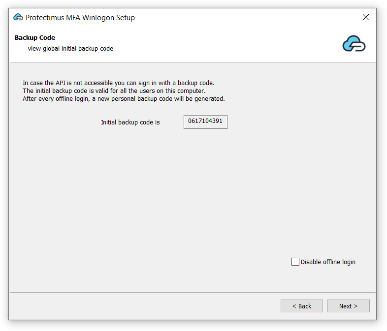 Protectimus Winlogon setup - step 6 (Backup Code)