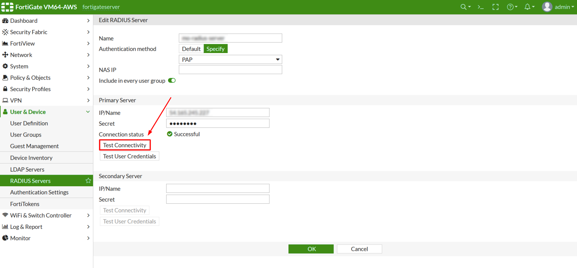 Нажмите Test Connectivity, чтобы проверить соединение между FortiGate VPN и Protectimus RADIUS Server