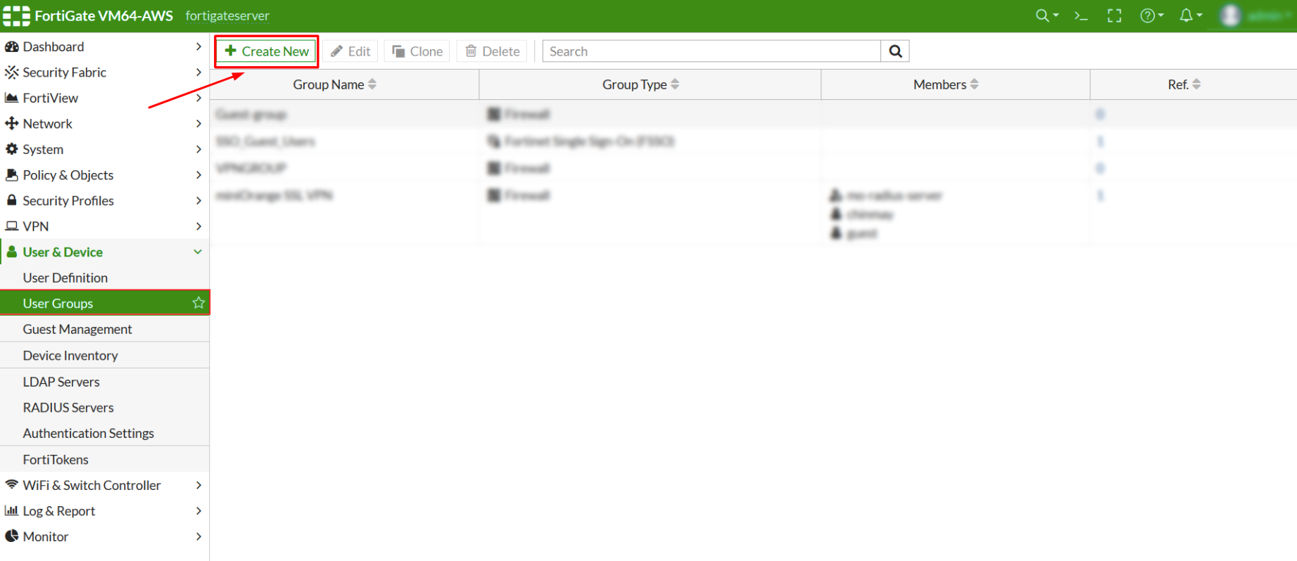 Create a User Group in Fortinet Fortigate - step 1