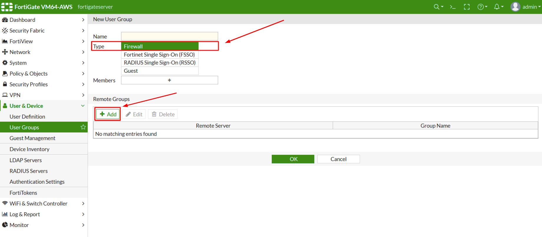 Create a User Group in Fortinet Fortigate - step 2