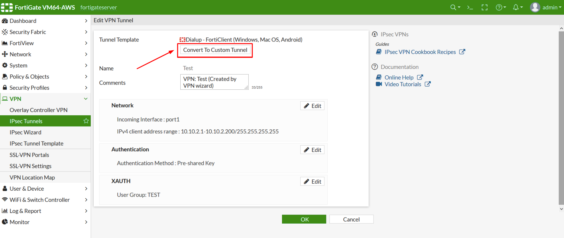 Set Up VPN in Fortigate Admin Console - step 2