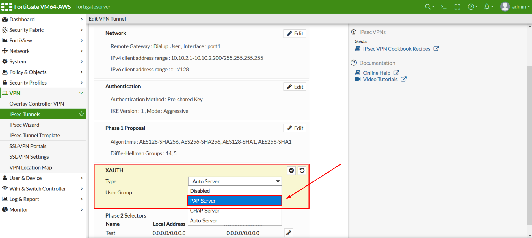 Set Up VPN in Fortigate Admin Console - step 3