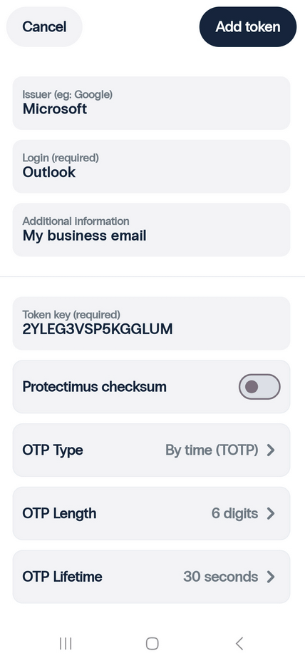 Adding tokens to MFA app Protectimus Smart OTP - Step 3 - Adding tokens manually