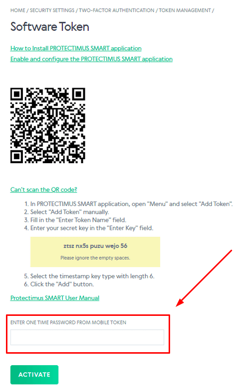 Enter the one-time password displayed in the application into the corresponding field and click the ACTIVATE button