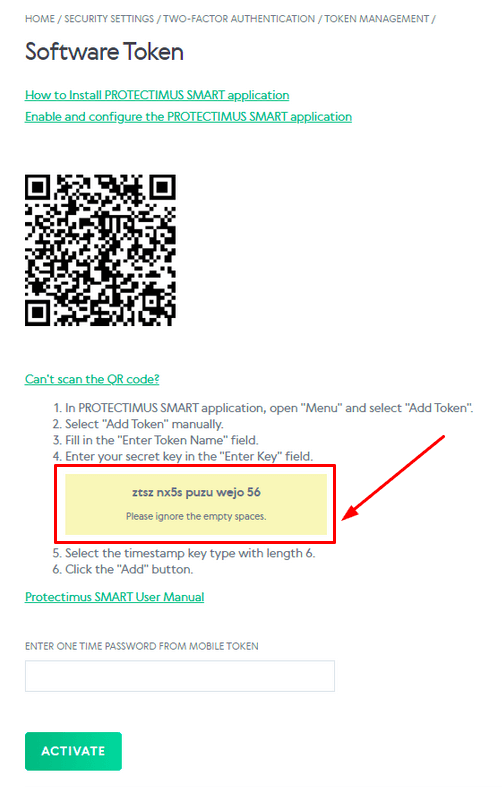 How to Manually Add a Secret Key to the Protectimus Smart OTP App - A secret key will be displayed, which you need to add to the Protectimus Smart OTP App.