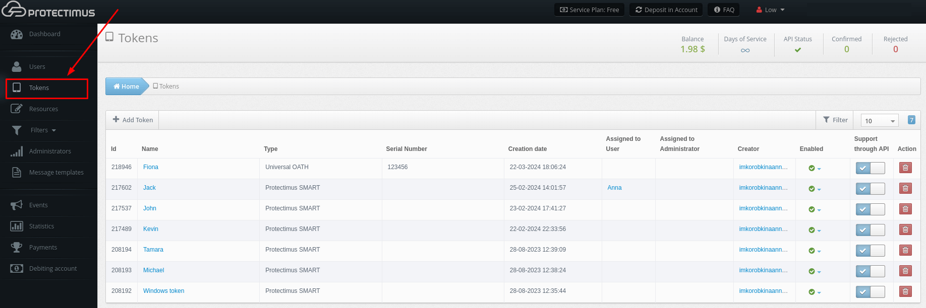 Protectimus 2FA system setup - Tokens tab