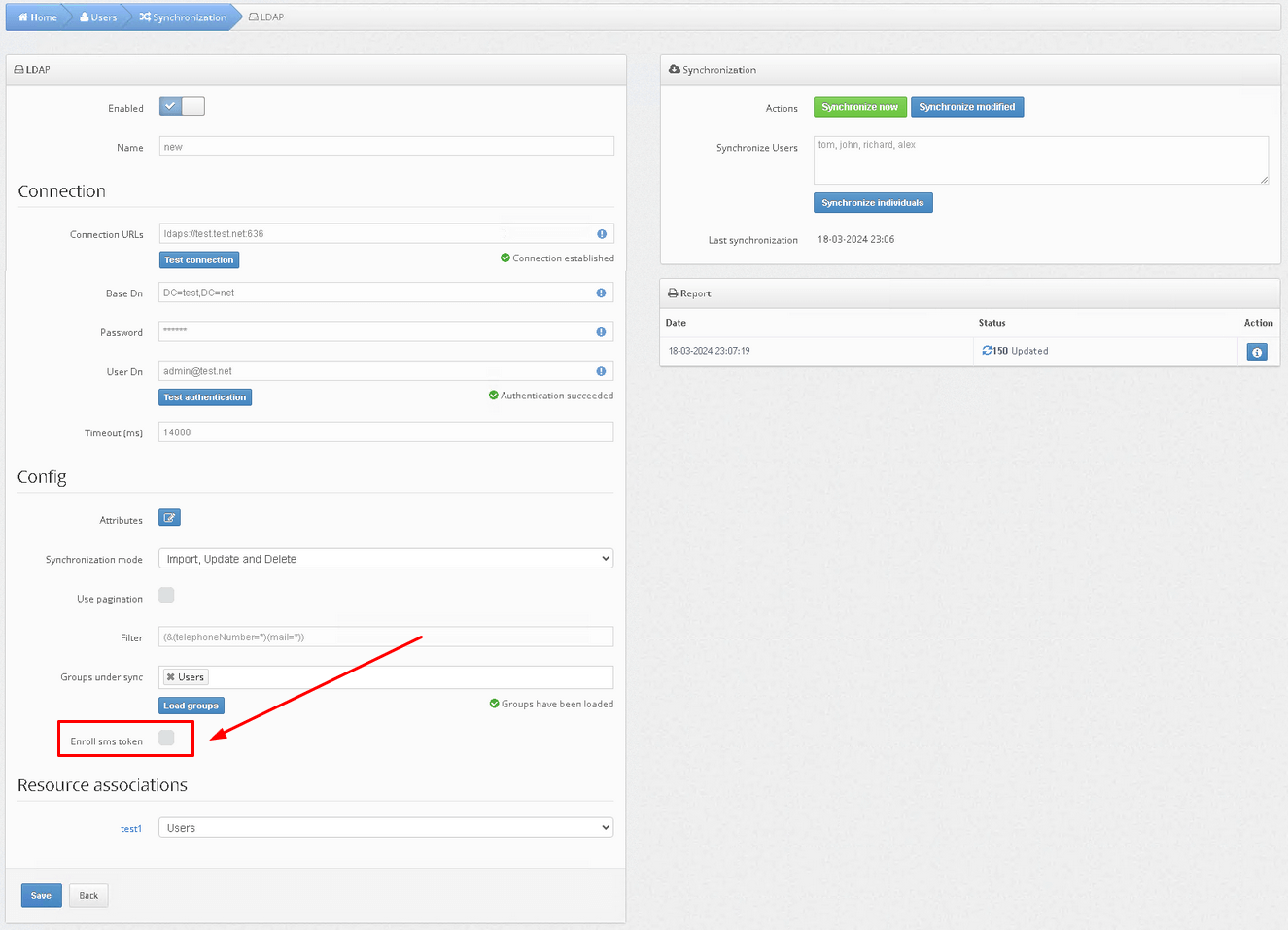 How to enable Protectimus on-premise platform users synchronization with your user directory - Enroll SMS token