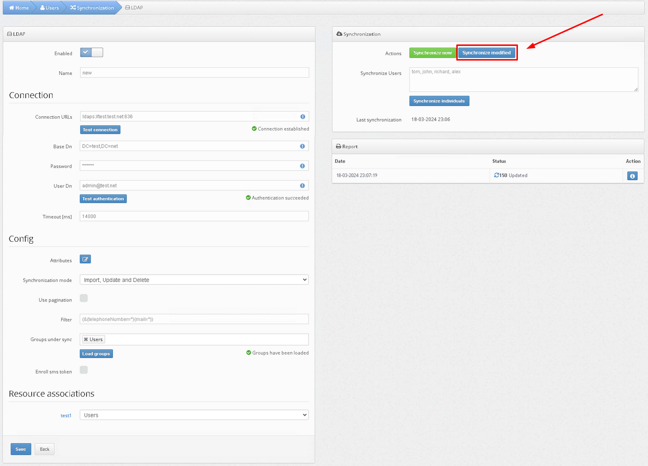 How to enable Protectimus on-premise platform users synchronization with your user directory - Synchronize modified