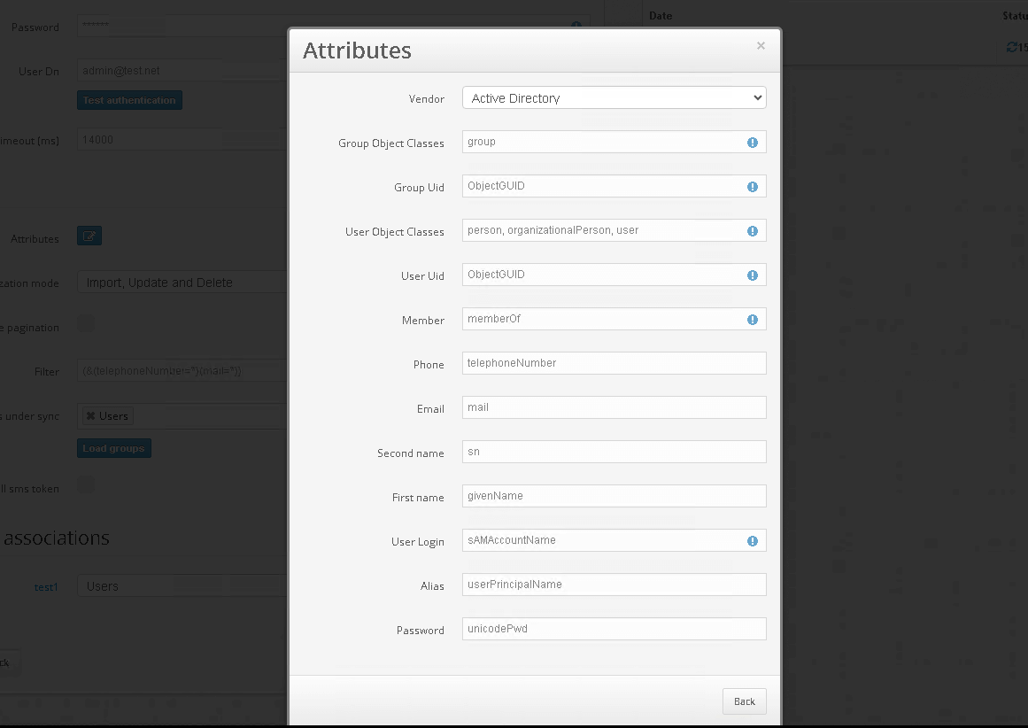 How to enable Protectimus on-premise platform users synchronization with your user directory - Synchronization attributes