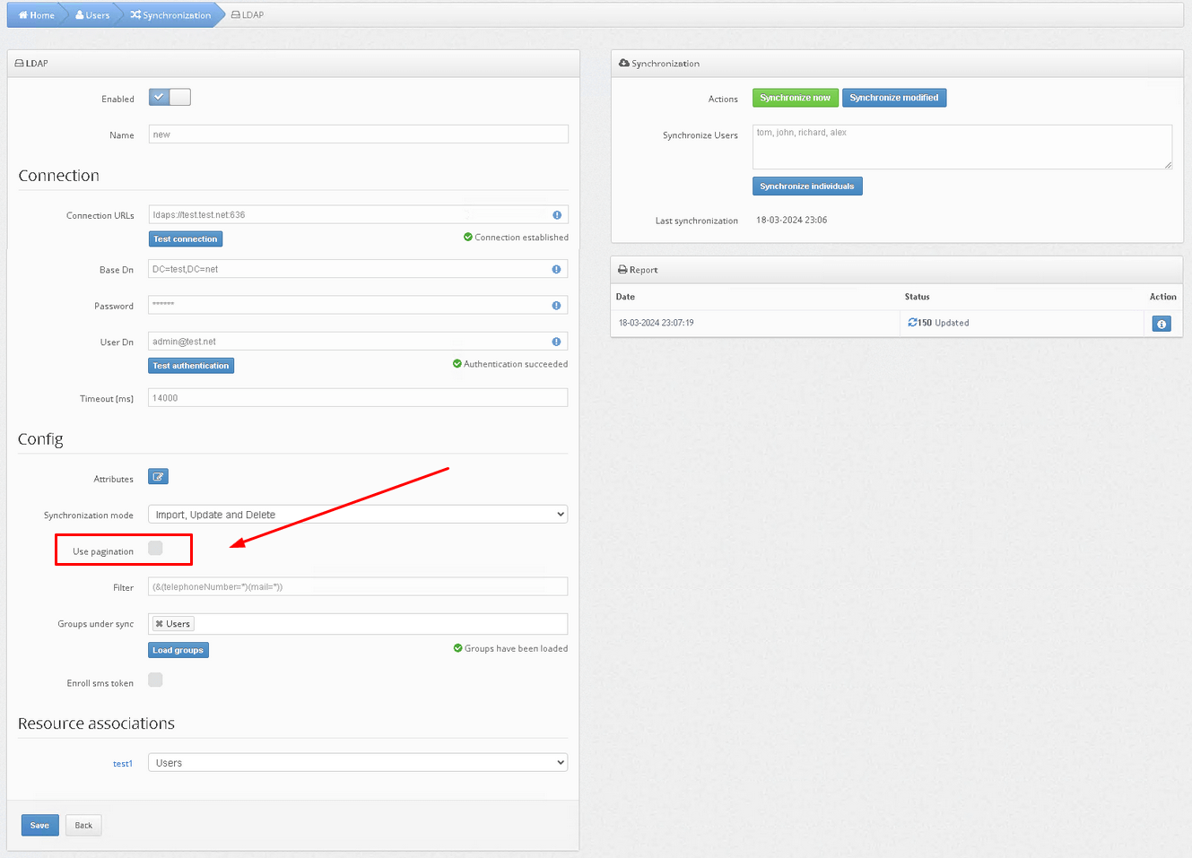 How to enable Protectimus on-premise platform users synchronization with your user directory - Use Pagination