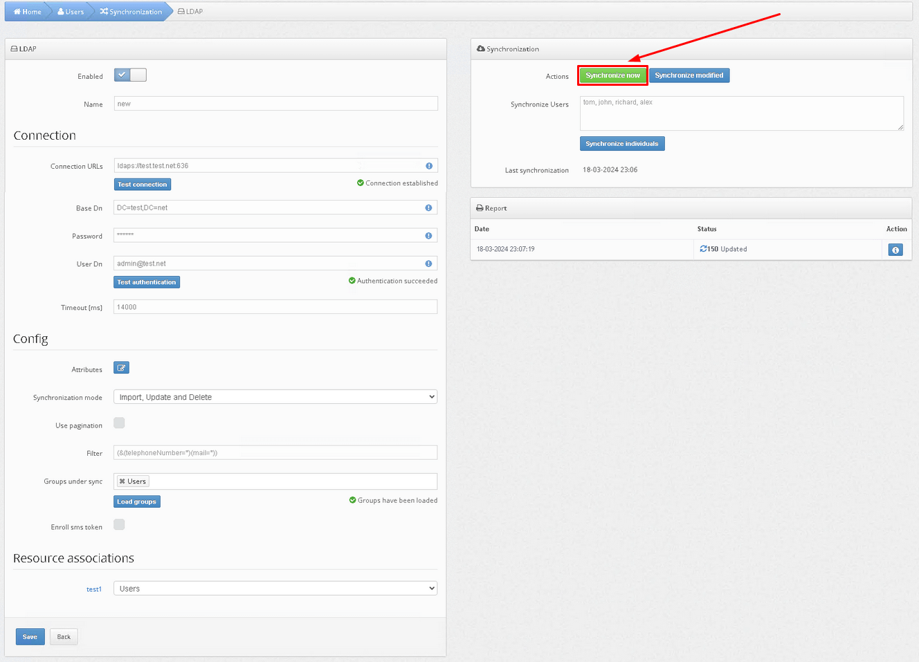 How to enable Protectimus on-premise platform users synchronization with your user directory - Synchronize now button