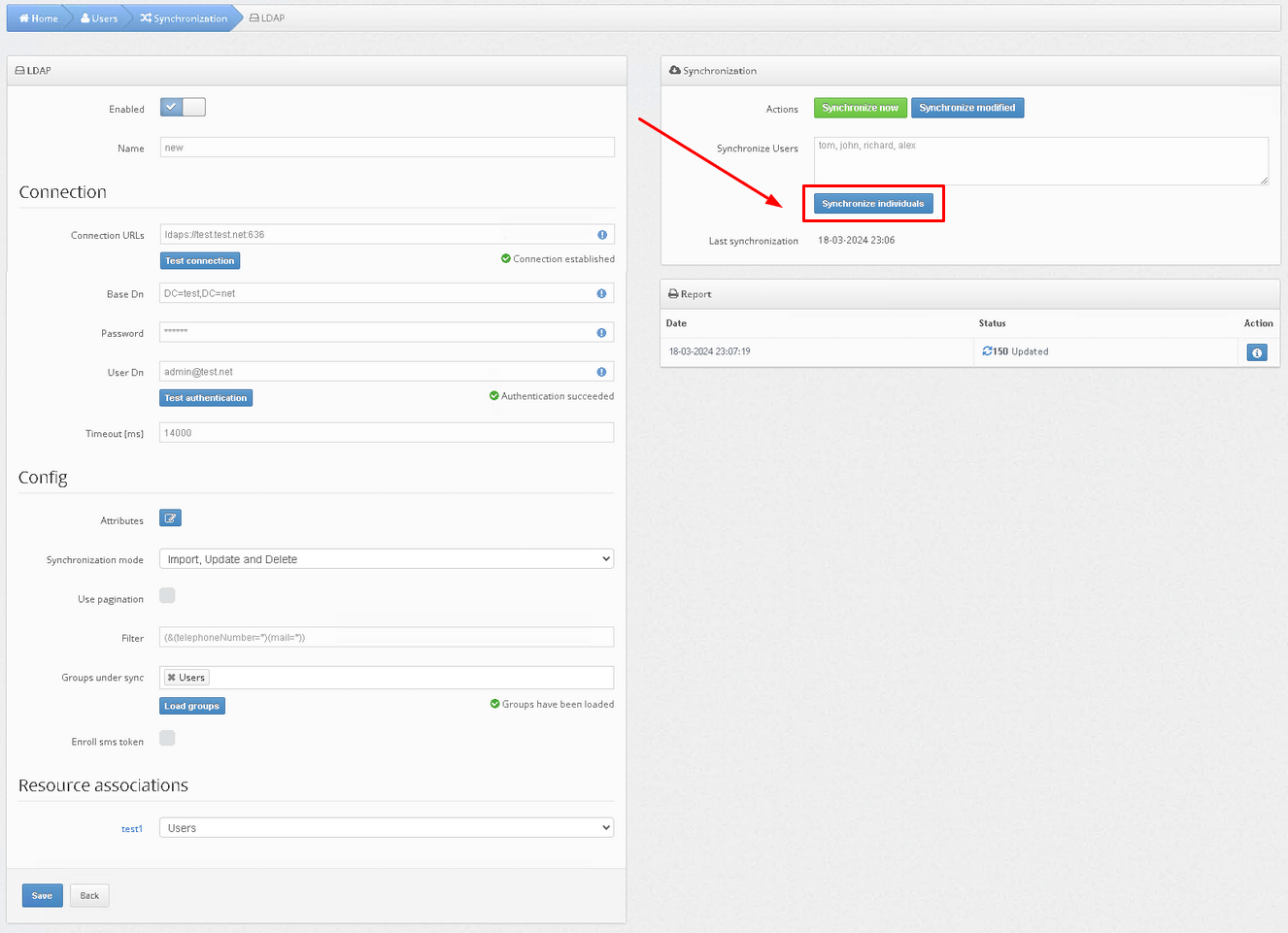 How to enable Protectimus on-premise platform users synchronization with your user directory - Synchronize individuals button