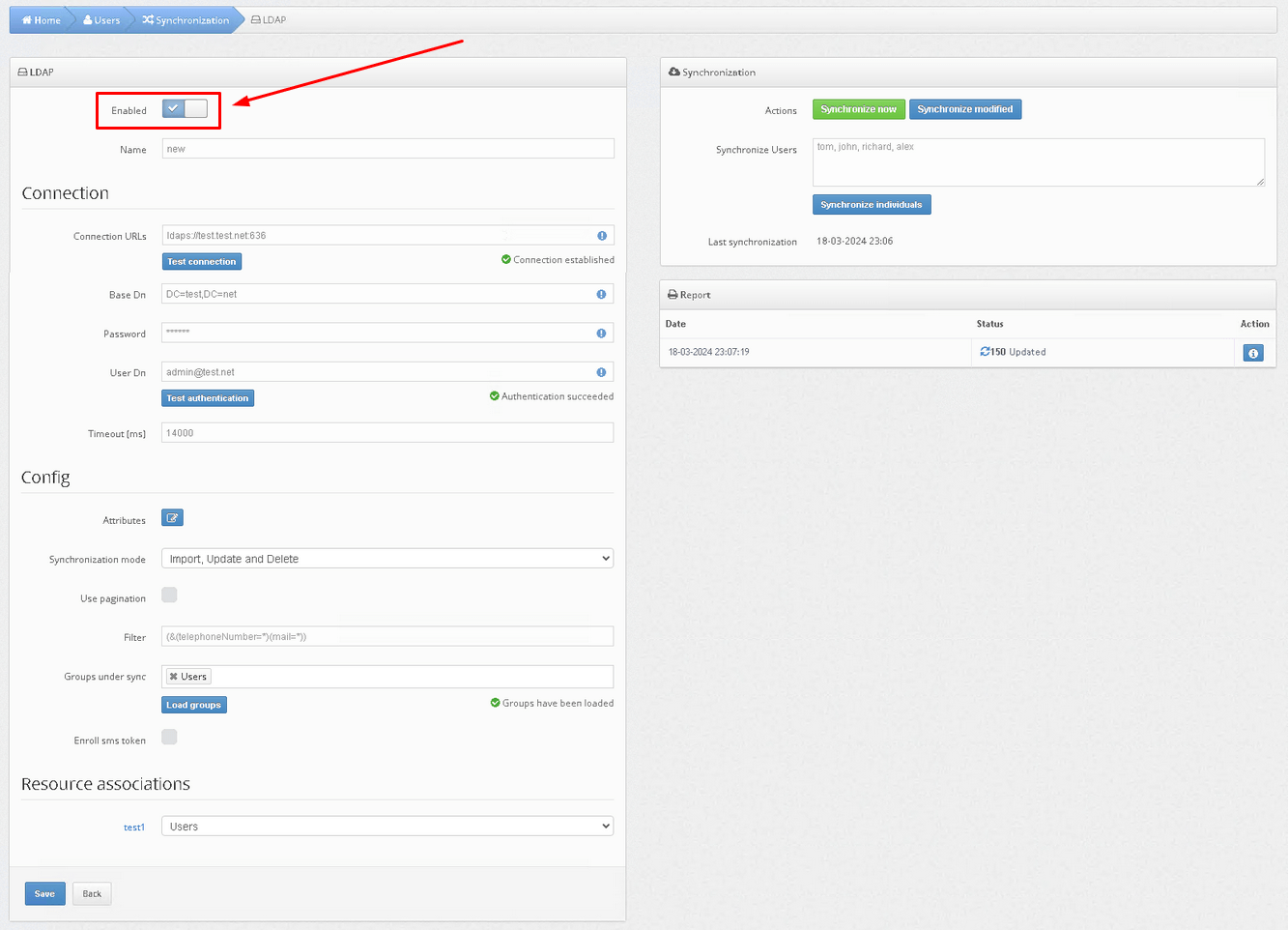 How to enable Protectimus on-premise platform users synchronization with your user directory - Enabled button