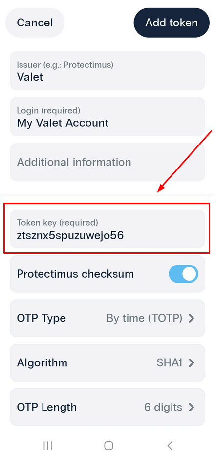 How to Manually Add a Secret Key to the Protectimus Smart OTP App - Fill in the required fields