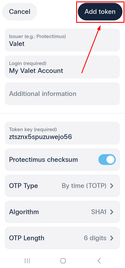 How to Manually Add a Secret Key to the Protectimus Smart OTP App - Save the changes by tapping the Add token button in the upper right corner.