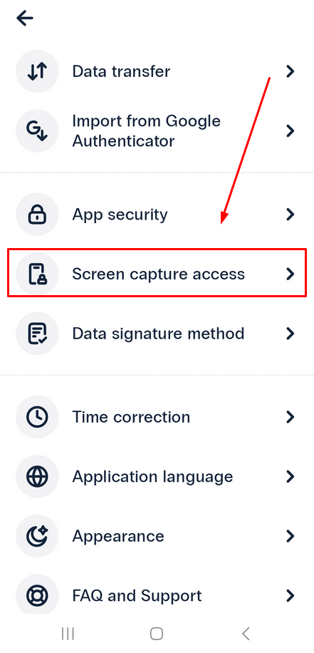 Protectimus Smart OTP 2FA application - Screen capture access
