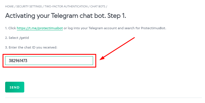 Protectimus Bot setup - Enter the chat ID