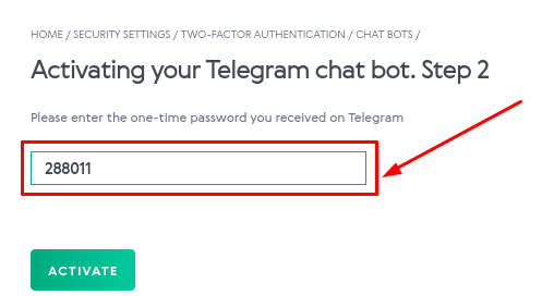 Protectimus Bot setup - Enter the OTP code