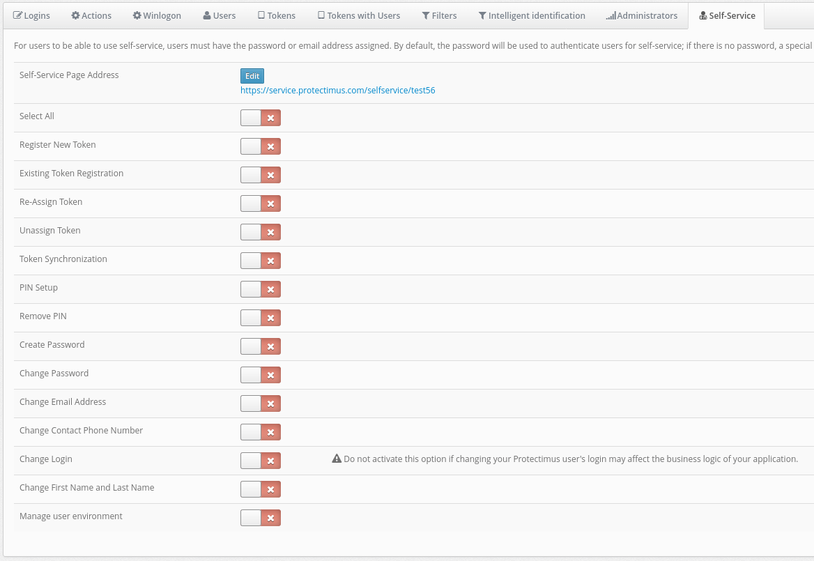 Set Up the Protectimus User's Self-Service Portal - choose the authentication methods your users will use to log into the Self-Service Portal and specify the actions that will be available to them