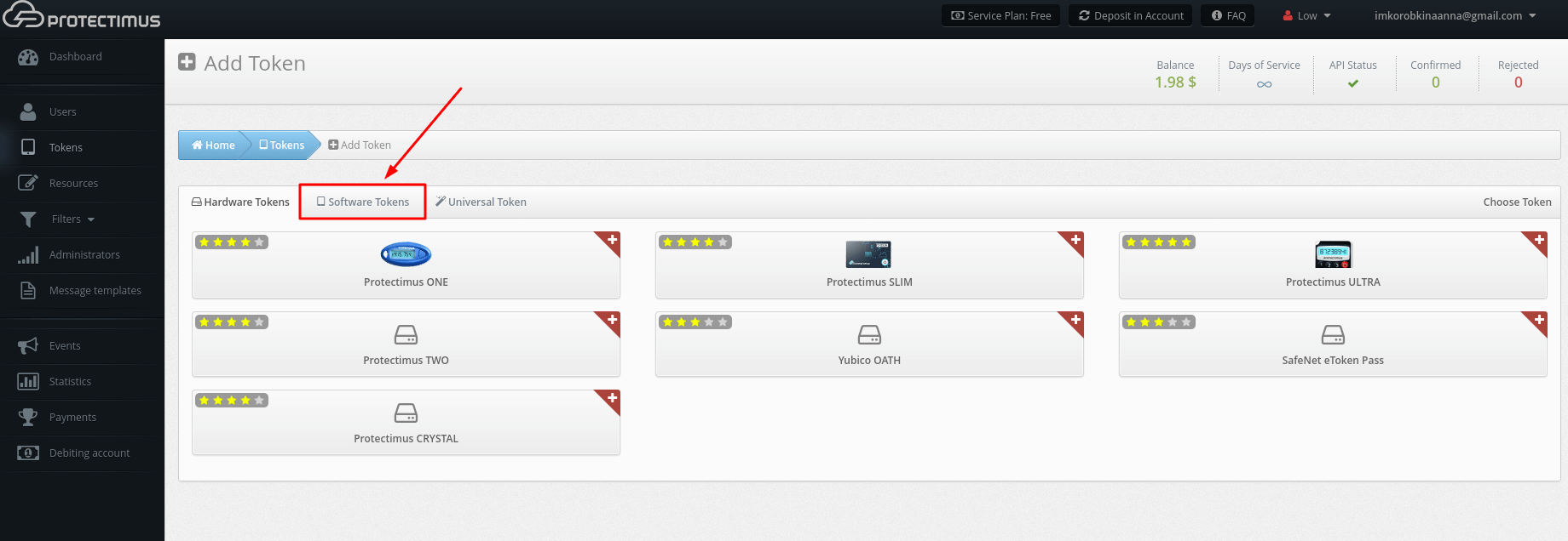Protectimus Mail token setup - Software tokens button