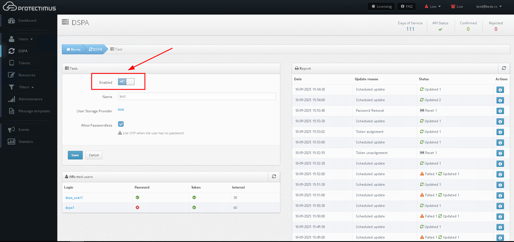 Protectimus DSPA setup - activate the Enabled parameter