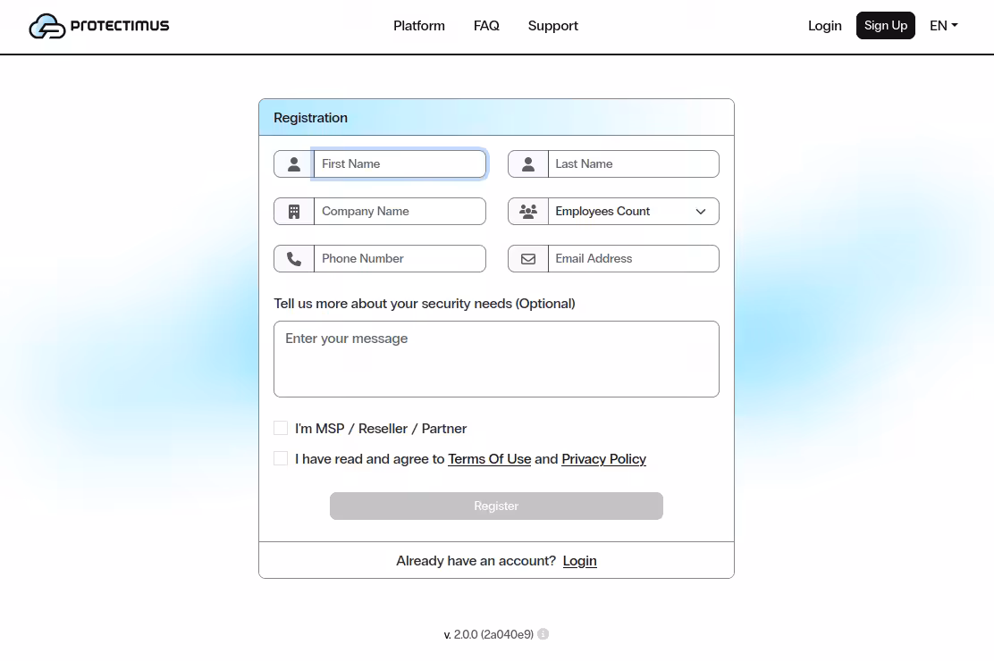 Protectimus Two-Factor Authentication Service registration page