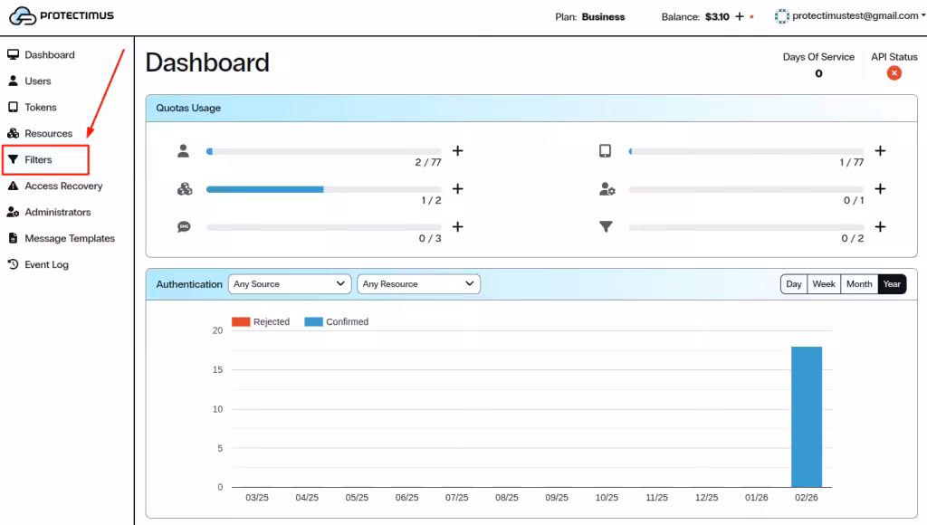 Open Filters page in Protectimus SaaS MFA Service
