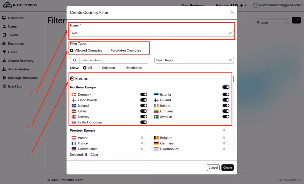 Configure Geo Filter (country-based access control) in Protectimus SaaS MFA Service