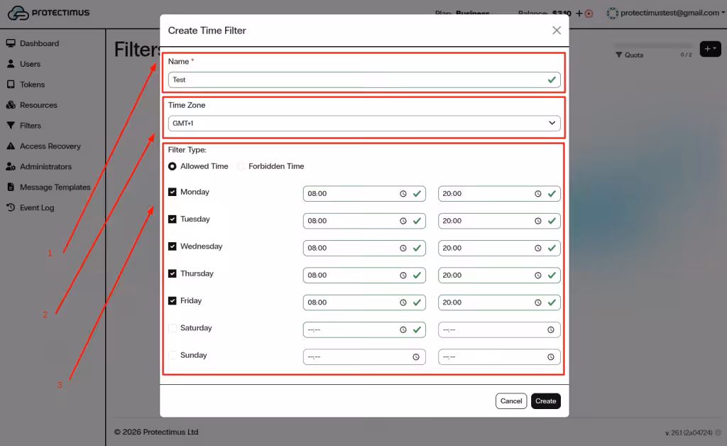 Configure Time Filter (time-based access control) in Protectimus SaaS MFA Service