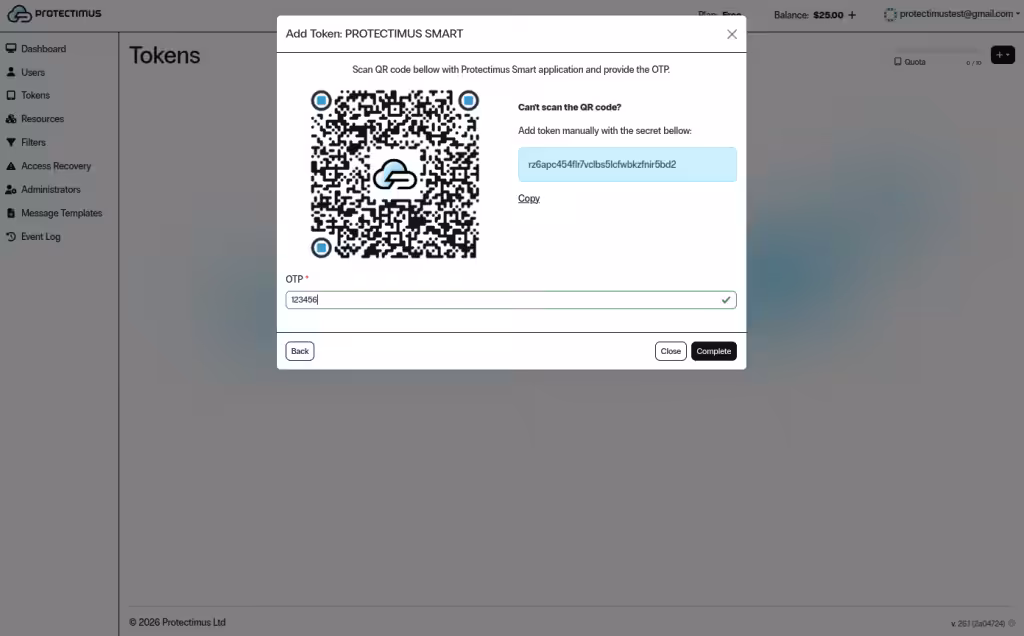 Scan the QR code using the authenticator app, or enter the secret manually