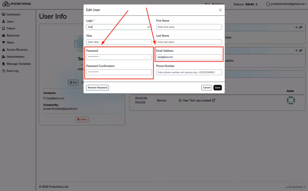 Add password or email address
