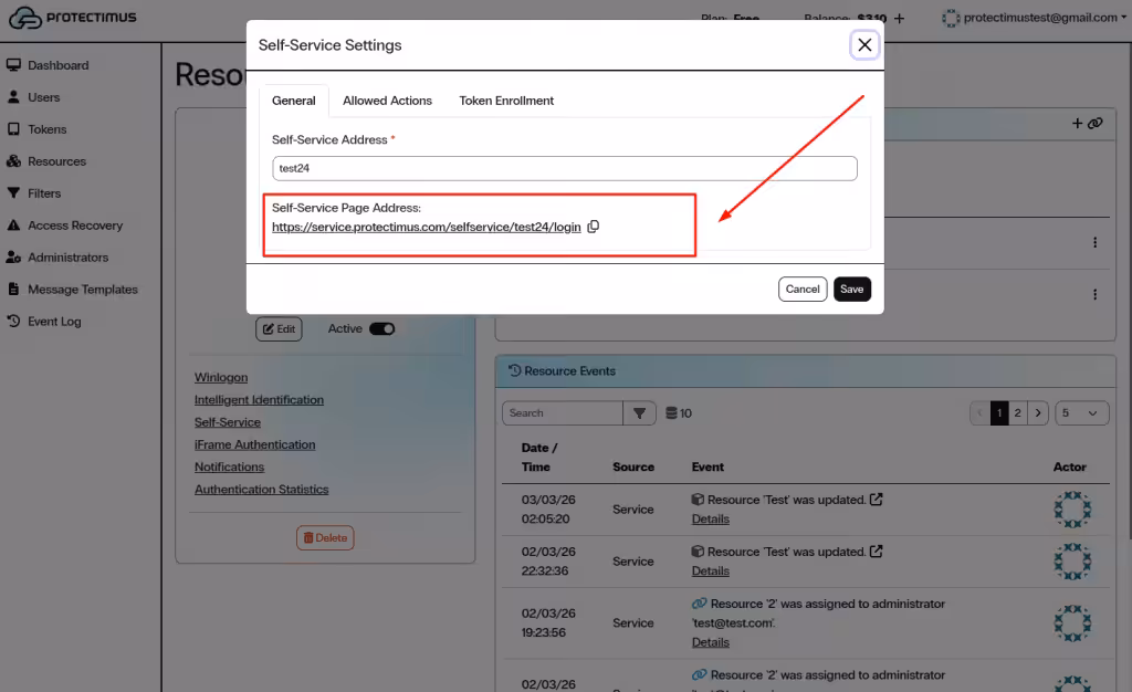 Self-Service Page Address generated in the General tab