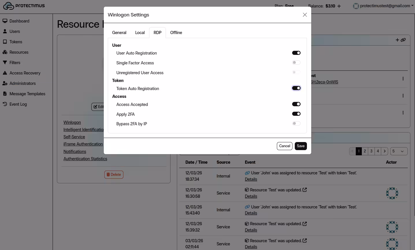 Configure RDP access settings in Protectimus Winlogon