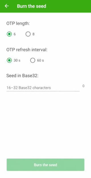 Экран Прошивка токена: длина OTP, интервал обновления OTP и секретный ключ Base32